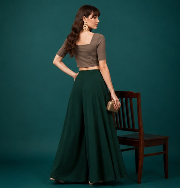 Generic Women's Georgette Solid Mid-Rise Wide Leg Flared Palazzo with Elastic Waist (Bottle Green) - Image 5