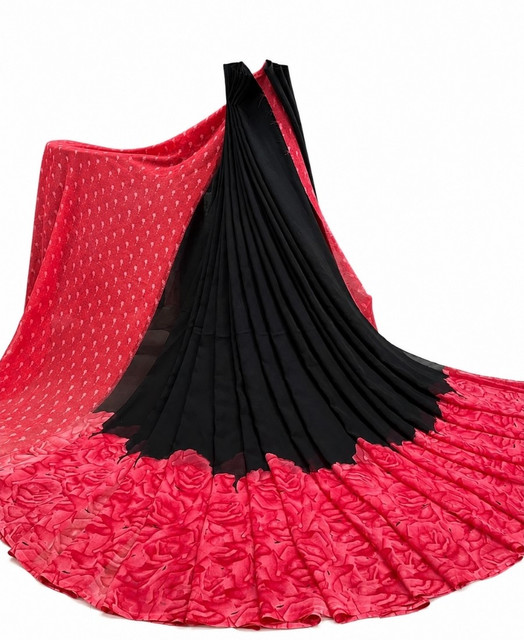 Generic Women's Georgette Printed Saree With Unstitched Blouse 5.5Mtr (Black-Dark Pink) - Image 2
