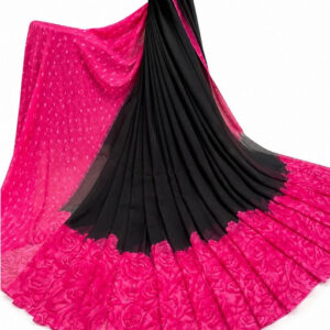 Generic Women's Georgette Printed Saree With Unstitched Blouse 5.5Mtr (Black-Pink)