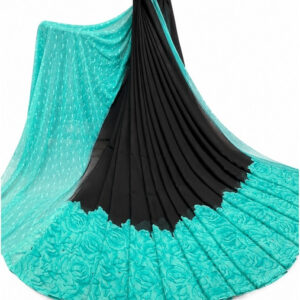 Generic Women's Georgette Printed Saree With Unstitched Blouse 5.5Mtr (Black-Turquoise)