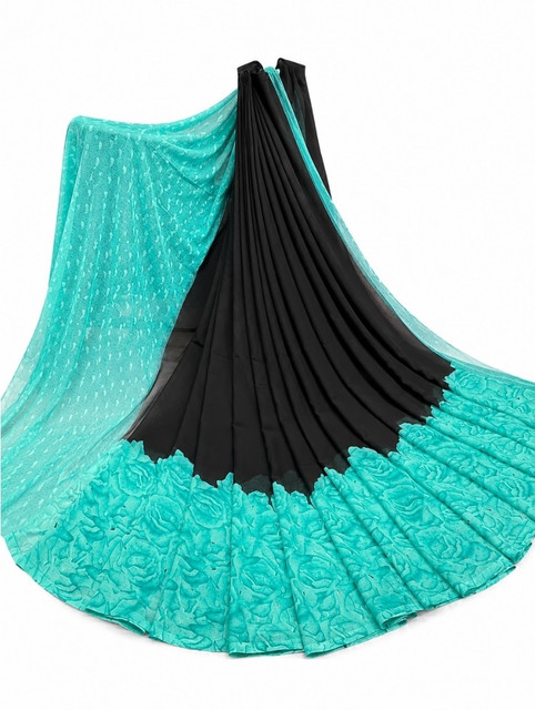 Generic Women's Georgette Printed Saree With Unstitched Blouse 5.5Mtr (Black-Turquoise) - Image 2