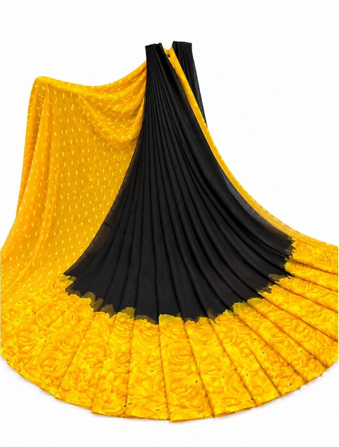 Generic Women's Georgette Printed Saree With Unstitched Blouse 5.5Mtr (Black-Yellow) - Image 2