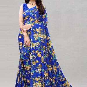 Generic Women's Georgette Floral Printed Saree With Unstitched Blouse 5.5Mtr (Royal Blue)