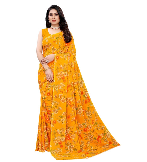Generic Women's Georgette Floral Printed Saree With Unstitched Blouse 5.5Mtr (Yellow) - Image 2
