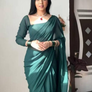 Generic Women's Georgette Solid Saree With Unstitched Blouse 5.5Mtr (Dark Green)
