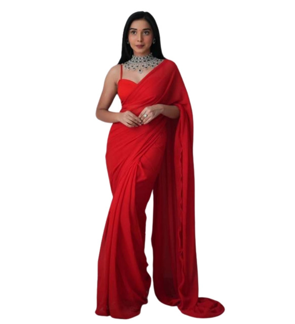Generic Women's Georgette Solid Saree With Unstitched Blouse 5.5Mtr (Red) - Image 2