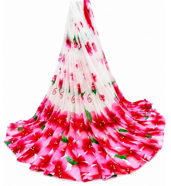 Generic Women's Georgette Floral Printed Saree With Unstitched Blouse 5.5Mtr (White-Pink) - Image 2