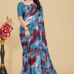 Generic Women's Georgette Printed Saree With Unstitched Blouse 5.5Mtr (Blue-Maroon)