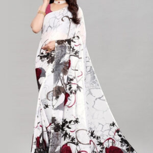 Generic Women's Georgette Printed Saree With Unstitched Blouse 5.5Mtr (White)