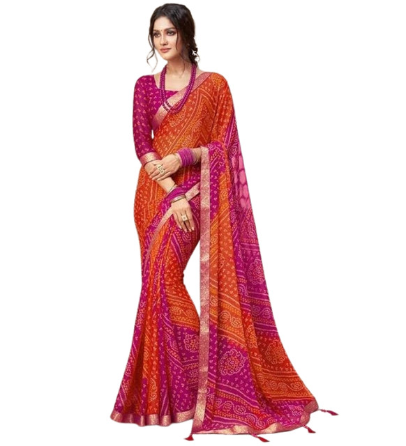 Generic Women's Georgette Bandhani Printed Saree With Unstitched Blouse 5.5Mtr (Orange-Magenta) - Image 2