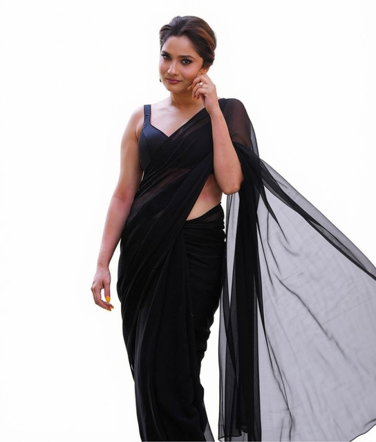 Generic Women's Georgette Solid Saree With Unstitched Blouse 5.5Mtr (Black) - Image 2