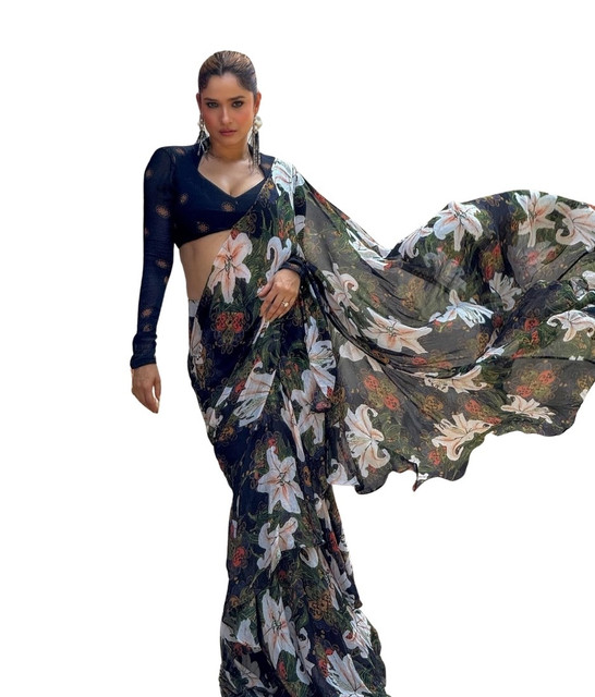 Generic Women's Georgette Floral Printed Saree With Unstitched Blouse 5.5Mtr (Black) - Image 2