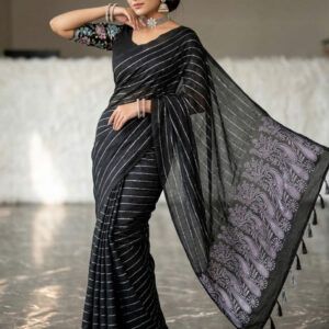 Generic Women's Georgette Striped Saree With Unstitched Blouse 5.5Mtr (Black)