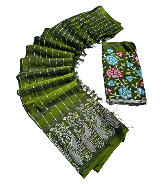 Generic Women's Georgette Striped Saree With Unstitched Blouse 5.5Mtr (Olive Green) - Image 2