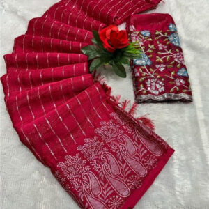 Generic Women's Georgette Striped Saree With Unstitched Blouse 5.5Mtr (Red)