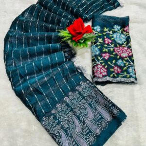Generic Women's Georgette Striped Saree With Unstitched Blouse 5.5Mtr (Teal)