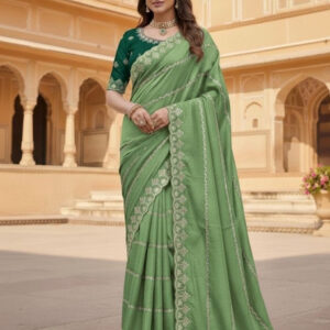 Generic Women's Georgette Embroidered Saree With Unstitched Blouse 5.5Mtr (Pista Green)