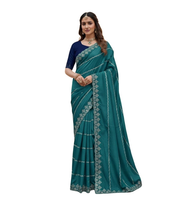 Generic Women's Georgette Embroidered Saree With Unstitched Blouse 5.5Mtr (Teal) - Image 2