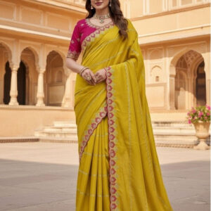 Generic Women's Georgette Embroidered Saree With Unstitched Blouse 5.5Mtr (Yellow)