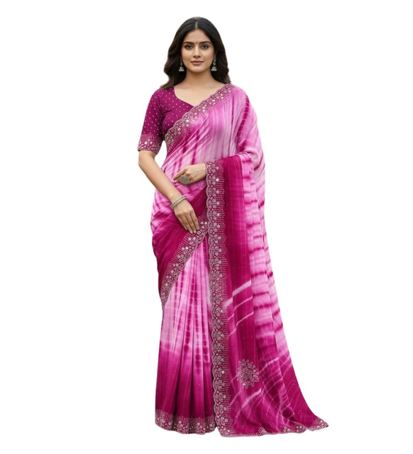 Generic Women's Georgette Striped Saree With Unstitched Blouse 5.5Mtr (Pink) - Image 2