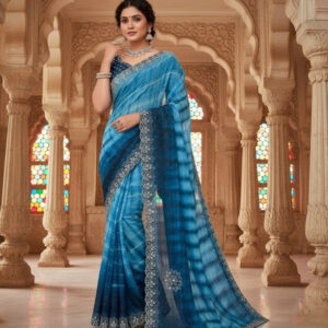 Generic Women's Georgette Striped Saree With Unstitched Blouse 5.5Mtr (Blue)