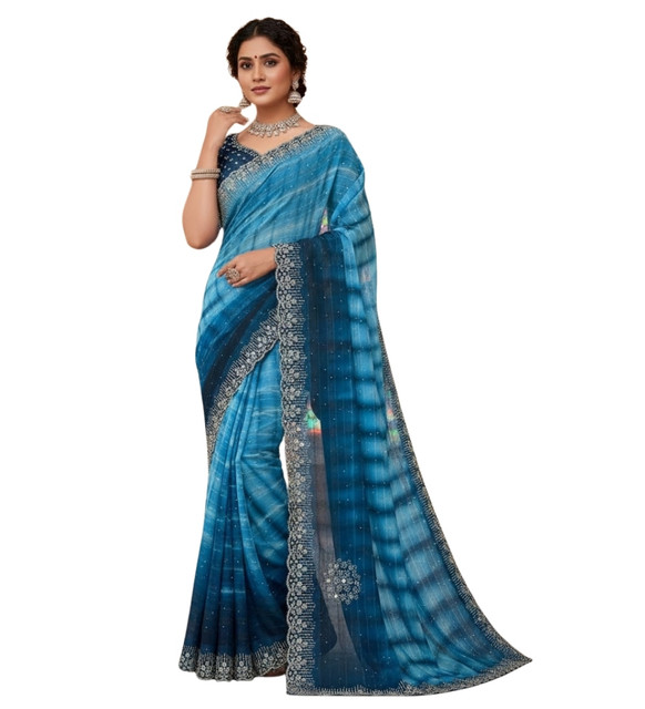 Generic Women's Georgette Striped Saree With Unstitched Blouse 5.5Mtr (Blue) - Image 2