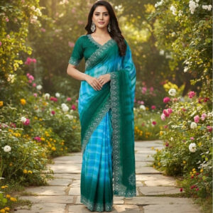 Generic Women's Georgette Striped Saree With Unstitched Blouse 5.5Mtr (Turquoise)