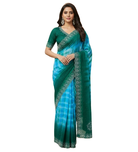 Generic Women's Georgette Striped Saree With Unstitched Blouse 5.5Mtr (Turquoise) - Image 2