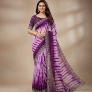 Generic Women's Georgette Striped Saree With Unstitched Blouse 5.5Mtr (Wine)