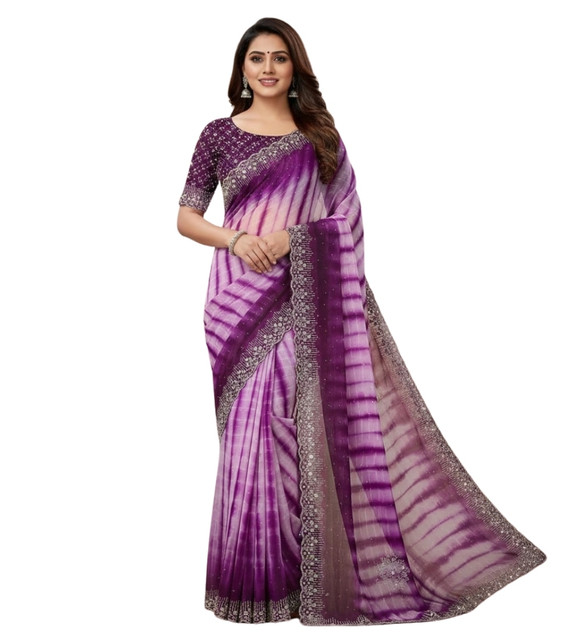 Generic Women's Georgette Striped Saree With Unstitched Blouse 5.5Mtr (Wine) - Image 2