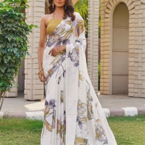 Generic Women's Georgette Floral & Butterfly Printed Saree With Unstitched Blouse 5.5Mtr (Off White-Mustard)