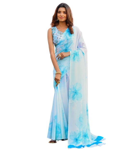 Generic Women's Georgette Floral Printed Saree With Unstitched Blouse 5.5Mtr (Off White-Skyblue) - Image 2