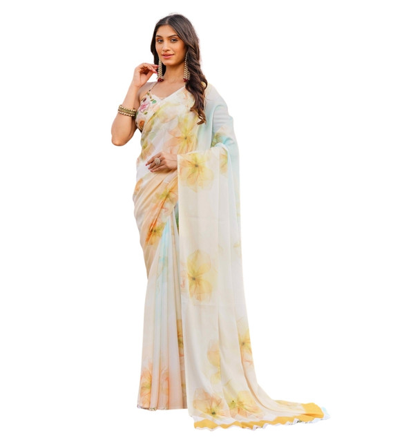 Generic Women's Georgette Floral Printed Saree With Unstitched Blouse 5.5Mtr (Off White-Yellow) - Image 2