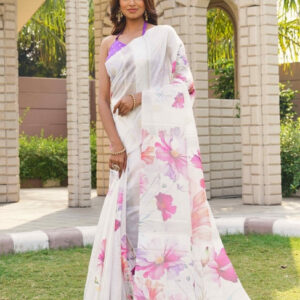 Generic Women's Georgette Floral Printed Saree With Unstitched Blouse 5.5Mtr (White-Pink)