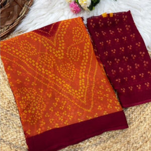 Generic Women's Georgette Bandhani Printed Saree With Unstitched Blouse 5.5Mtr (Orange-Maroon)