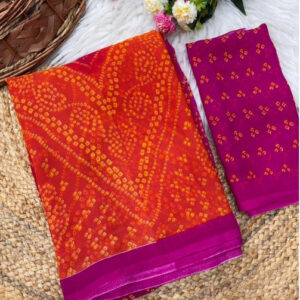 Generic Women's Georgette Bandhani Printed Saree With Unstitched Blouse 5.5Mtr (Orange-Magenta)