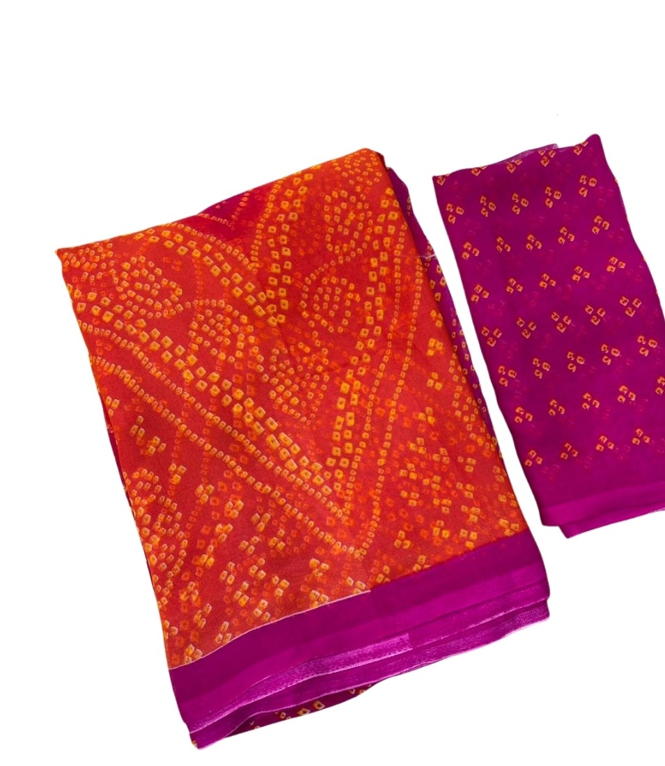 Generic Women's Georgette Bandhani Printed Saree With Unstitched Blouse 5.5Mtr (Orange-Magenta) - Image 2