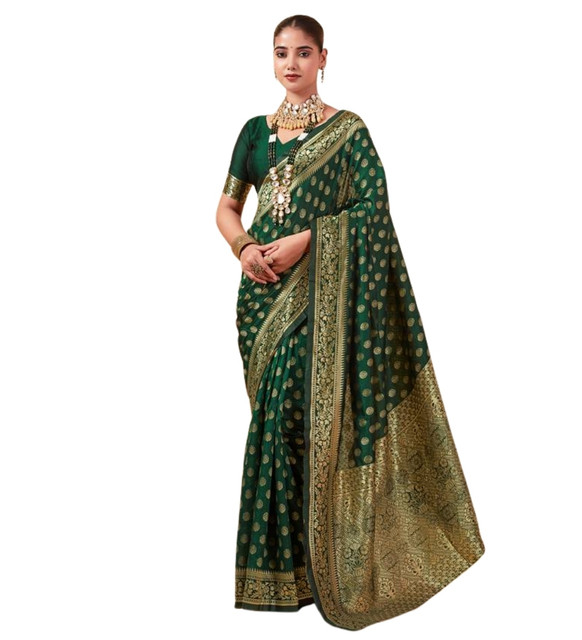 Generic Women's Jacquard Printed Saree With Unstitched Blouse 5.5Mtr (Bottle Green) - Image 2