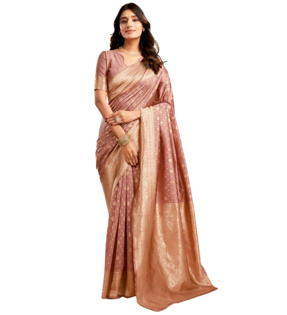Generic Women's Jacquard Printed Saree With Unstitched Blouse 5.5Mtr (Peach) - Image 2