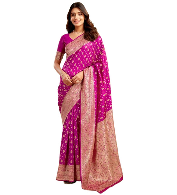 Generic Women's Jacquard Printed Saree With Unstitched Blouse 5.5Mtr (Pink) - Image 2