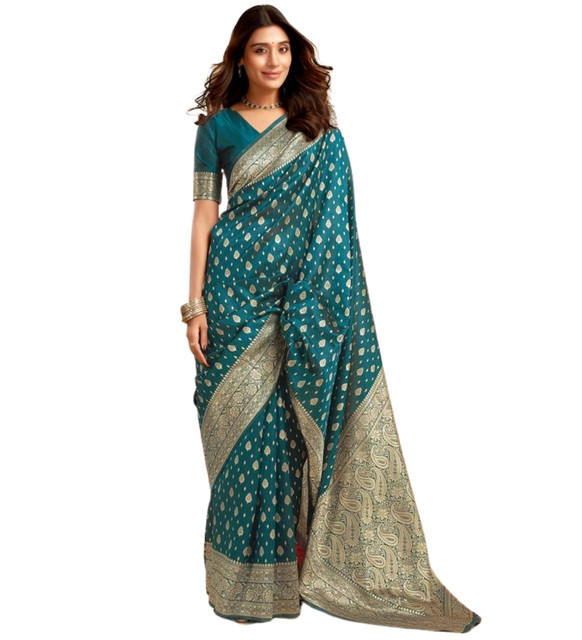Generic Women's Jacquard Printed Saree With Unstitched Blouse 5.5Mtr (Teal) - Image 2
