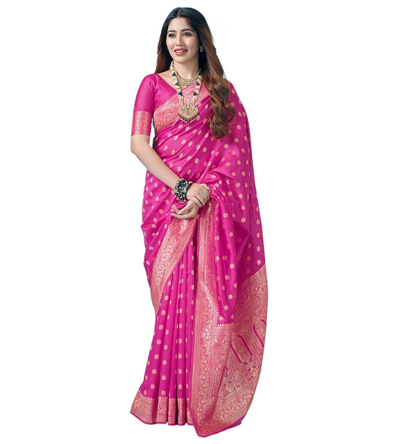 Generic Women's Jacquard Printed Saree With Unstitched Blouse 5.5Mtr (Pink) - Image 2