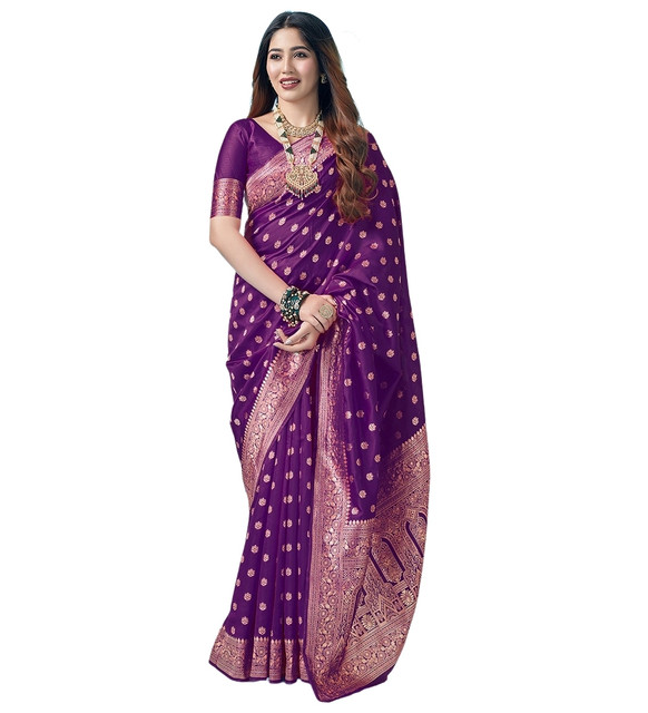 Generic Women's Jacquard Printed Saree With Unstitched Blouse 5.5Mtr (Purple) - Image 2