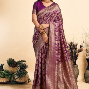 Generic Women's Jacquard Printed Saree With Unstitched Blouse 5.5Mtr (Purple)