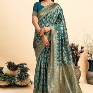 Generic Women's Jacquard Printed Saree With Unstitched Blouse 5.5Mtr (Teal)