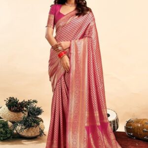 Generic Women's Jacquard Printed Saree With Unstitched Blouse 5.5Mtr (Pink)