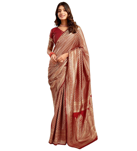 Generic Women's Jacquard Printed Saree With Unstitched Blouse 5.5Mtr (Maroon) - Image 2