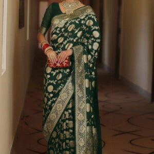 Generic Women's Jacquard Printed Saree With Unstitched Blouse 5.5Mtr (Bottle Green)