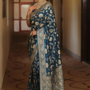 Generic Women's Jacquard Printed Saree With Unstitched Blouse 5.5Mtr (Teal)