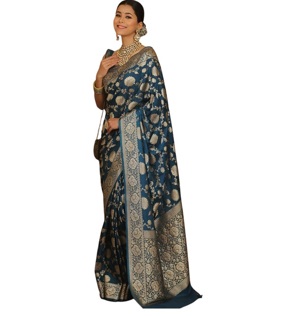 Generic Women's Jacquard Printed Saree With Unstitched Blouse 5.5Mtr (Teal) - Image 2